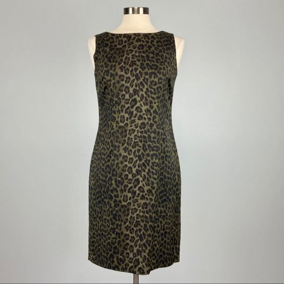 Ann Taylor Womens Sleeveless Sheath Dress Green Leopard Animal Print size 2 - Picture 2 of 11